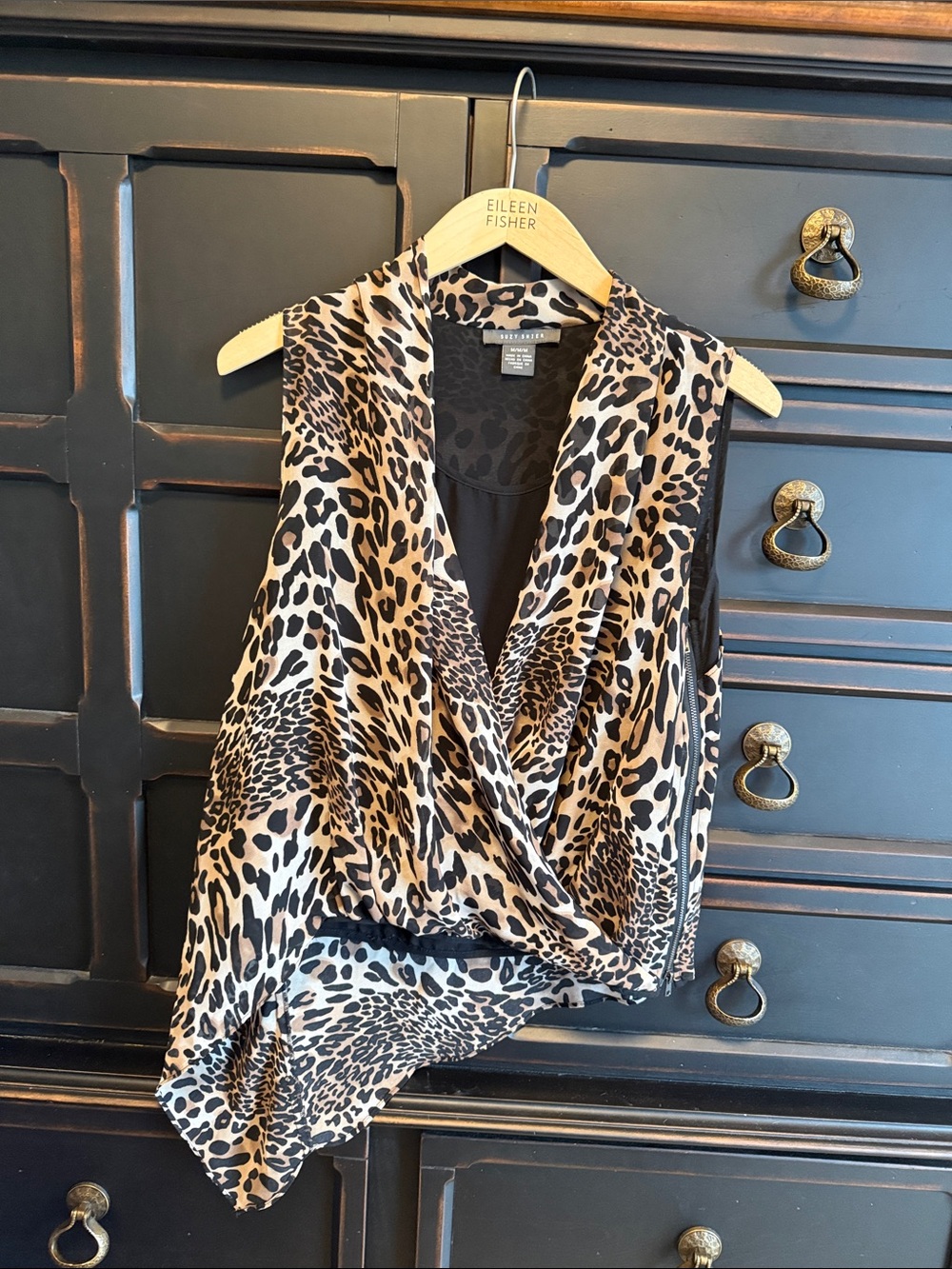Leopard Print Sleeveless Wrap Top - Black & Tan
